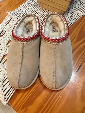 UGG Chestnut Suede Slip-On Sheepskin Clog with Red Trim